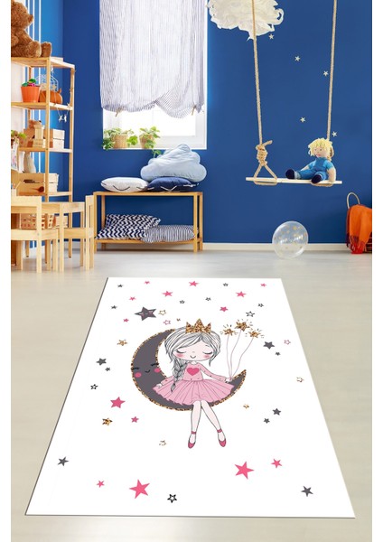 Kaymaz Taban Yıkanabilir Ayda Oturan Prenses Desenli Çocuk Odası Halısı, Çocuk-13-Beyaz, fiyatları