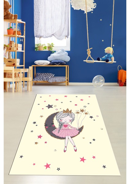 Kaymaz Taban Yıkanabilir Ayda Oturan Prenses Desenli Çocuk Odası Halısı, Çocuk-13-Krem, fiyatları