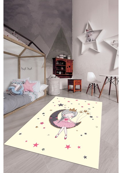 Kaymaz Taban Yıkanabilir Ayda Oturan Prenses Desenli Çocuk Odası Halısı, Çocuk-13-Krem, modelleri