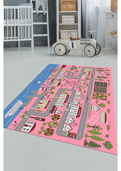 Kaymaz Taban Yıkanabilir Trafik Eğitici Çocuk Odası Oyun Halısı, Çocuk-07-Pembe,