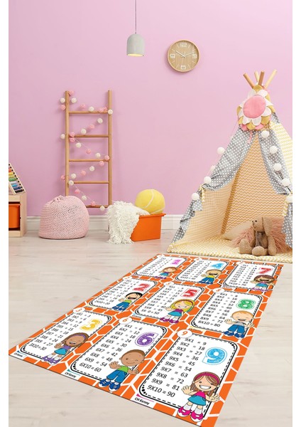Çarpım Tablosu Temalı Yıkanabilir Eğitici Çocuk Odası Oyun Halısı, Çocuk-45-Turuncu,