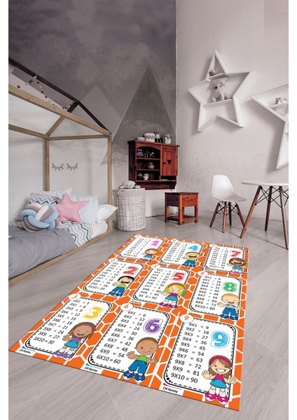Çarpım Tablosu Temalı Yıkanabilir Eğitici Çocuk Odası Oyun Halısı, Çocuk-45-Turuncu,