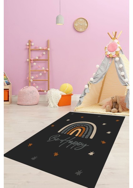 Kaymaz Taban Yıkanabilir Be Happy Yazılı Gökküşağı Desenli Çocuk Halısı, Çocuk-14-Antrasit,