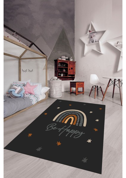 Kaymaz Taban Yıkanabilir Be Happy Yazılı Gökküşağı Desenli Çocuk Halısı, Çocuk-14-Antrasit, modelleri