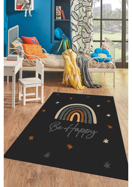 Kaymaz Taban Yıkanabilir Be Happy Yazılı Gökküşağı Desenli Çocuk Halısı, Çocuk-14-Antrasit, fırsatları