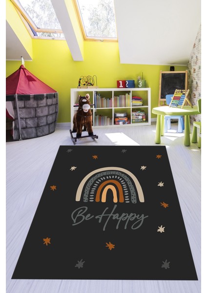 Kaymaz Taban Yıkanabilir Be Happy Yazılı Gökküşağı Desenli Çocuk Halısı, Çocuk-14-Antrasit, indirimleri