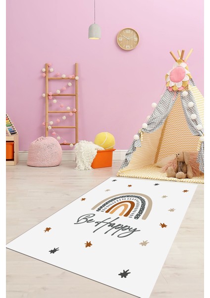 Kaymaz Taban Yıkanabilir Be Happy Yazılı Gökküşağı Desenli Çocuk Halısı, Çocuk-14-Beyaz,