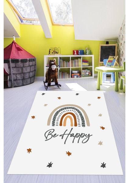 Kaymaz Taban Yıkanabilir Be Happy Yazılı Gökküşağı Desenli Çocuk Halısı, Çocuk-14-Beyaz, indirimleri