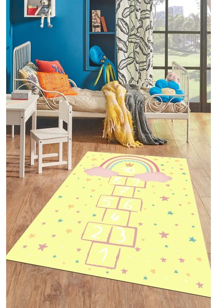 Kaymaz Taban Yıkanabilir Yıldızlı Sek Sek Desen Çocuk Odası Oyun Halısı, Çocuk-12-Sarı, fırsatları