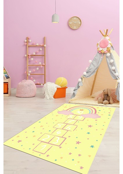 Kaymaz Taban Yıkanabilir Yıldızlı Sek Sek Desen Çocuk Odası Oyun Halısı, Çocuk-12-Sarı,