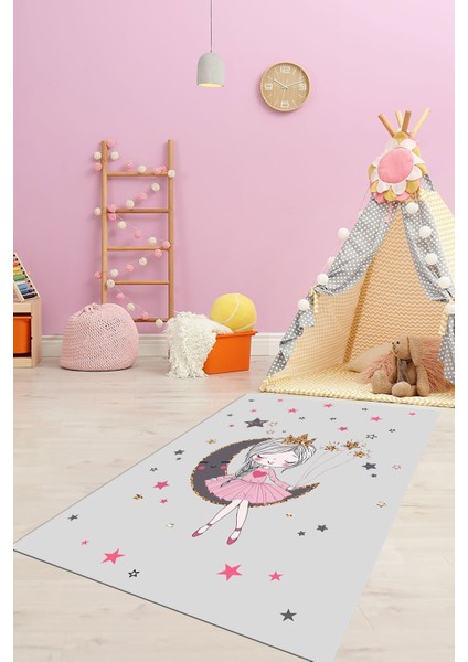 Kaymaz Taban Yıkanabilir Ayda Oturan Prenses Desenli Çocuk Odası Halısı, Çocuk-13-Gri,