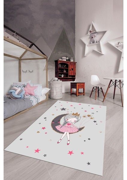 Kaymaz Taban Yıkanabilir Ayda Oturan Prenses Desenli Çocuk Odası Halısı, Çocuk-13-Gri, modelleri