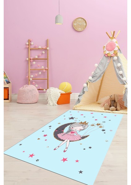 Kaymaz Taban Yıkanabilir Ayda Oturan Prenses Desenli Çocuk Odası Halısı, Çocuk-13-Mavi,