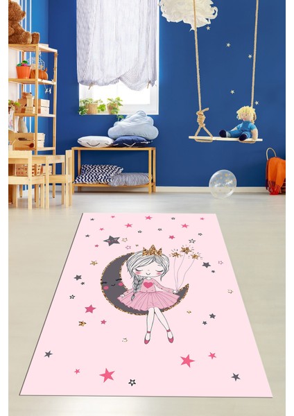 Kaymaz Taban Yıkanabilir Ayda Oturan Prenses Desenli Çocuk Odası Halısı, Çocuk-13-Pembe, fiyatları
