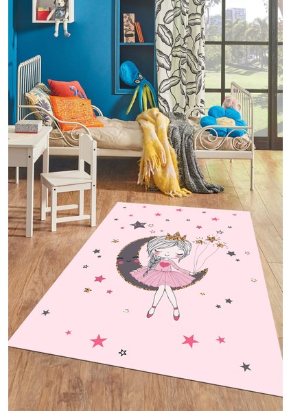 Kaymaz Taban Yıkanabilir Ayda Oturan Prenses Desenli Çocuk Odası Halısı, Çocuk-13-Pembe, fırsatları