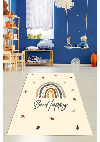 Kaymaz Taban Yıkanabilir Be Happy Yazılı Gökküşağı Desenli Çocuk Halısı, Çocuk-14-Krem, fiyatları