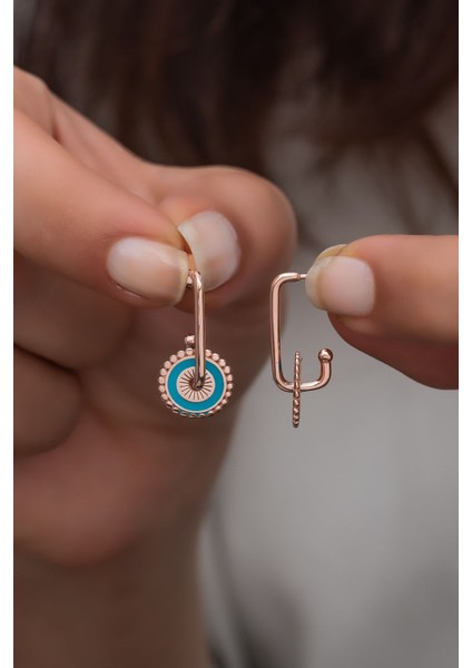 925 Ayar Gümüş Turkuaz Mineli Daire Tasarım Küpe