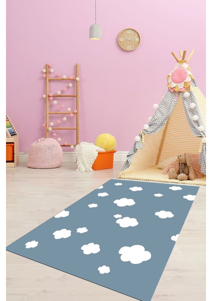 Dijital Baskılı Kaymaz Yıkanabilir Bulut Desenli Çocuk Odası Halısı, Çocuk-08-Mavi,