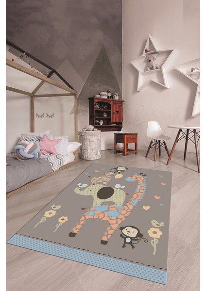 Dijital Baskılı Kaymaz Yıkanabilir Zürafa Maymun Fil Desen Çocuk Odası Halısı, Çocuk-21-Gri,