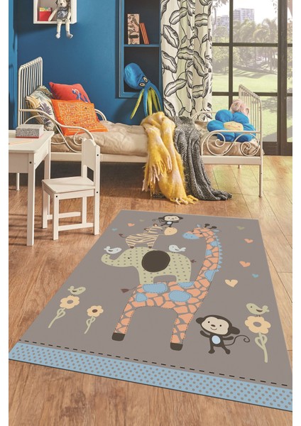 Dijital Baskılı Kaymaz Yıkanabilir Zürafa Maymun Fil Desen Çocuk Odası Halısı, Çocuk-21-Gri, fiyatları