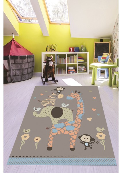 Dijital Baskılı Kaymaz Yıkanabilir Zürafa Maymun Fil Desen Çocuk Odası Halısı, Çocuk-21-Gri, modelleri