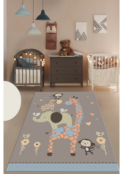 Dijital Baskılı Kaymaz Yıkanabilir Zürafa Maymun Fil Desen Çocuk Odası Halısı, Çocuk-21-Gri, fırsatları