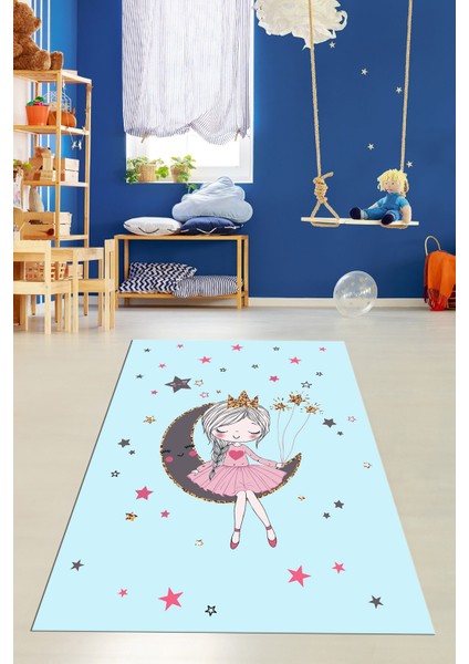 Kaymaz Taban Yıkanabilir Ayda Oturan Prenses Desenli Çocuk Odası Halısı, Çocuk-13-Mavi, fiyatları