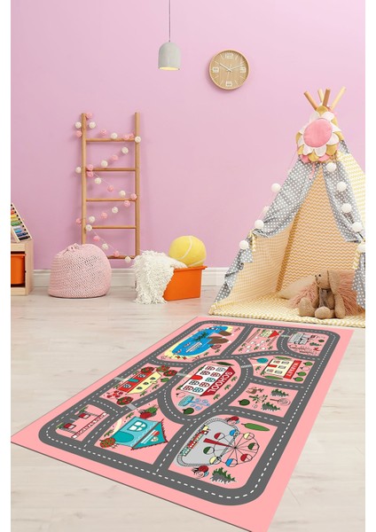 Dijital Baskılı Kaymaz Yıkanabilir Trafik Araba Yollu Çocuk Odası Halısı, Çocuk-02-Pembe,