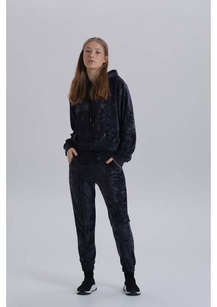 Lacivert Kadın Kadife Jogger Örme Kapüşonlu Eşofman Takımı