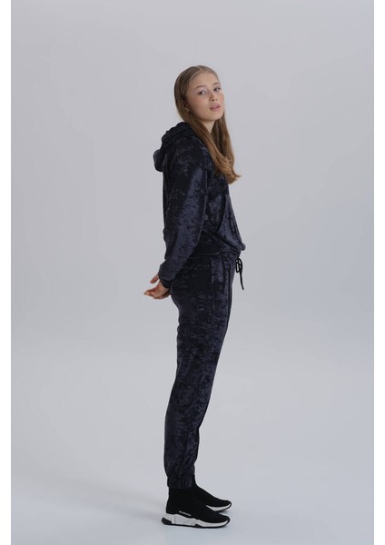 Lacivert Kadın Kadife Jogger Örme Kapüşonlu Eşofman Takımı fırsatları