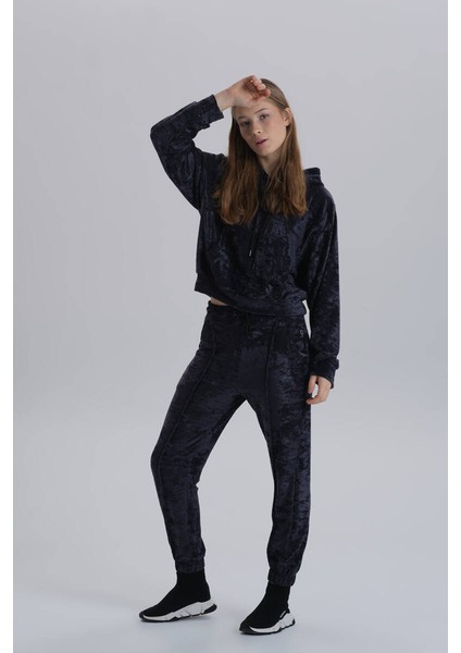 Lacivert Kadın Kadife Jogger Örme Kapüşonlu Eşofman Takımı indirimleri