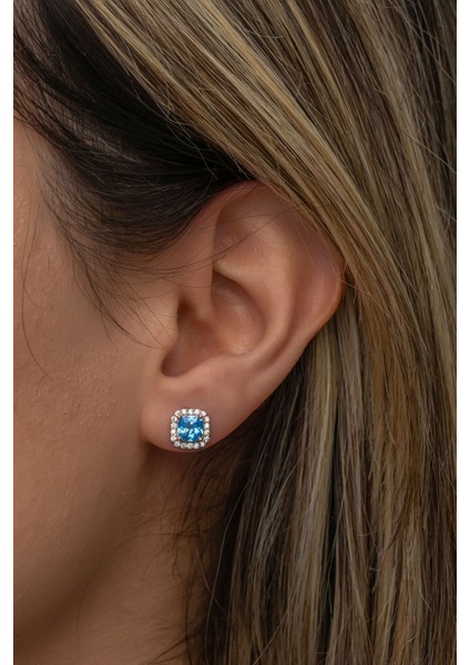 925 Ayar Gümüş Rose Kaplama Mavi Zirkon Taşlı Kare Tasarım Küpe fiyatları