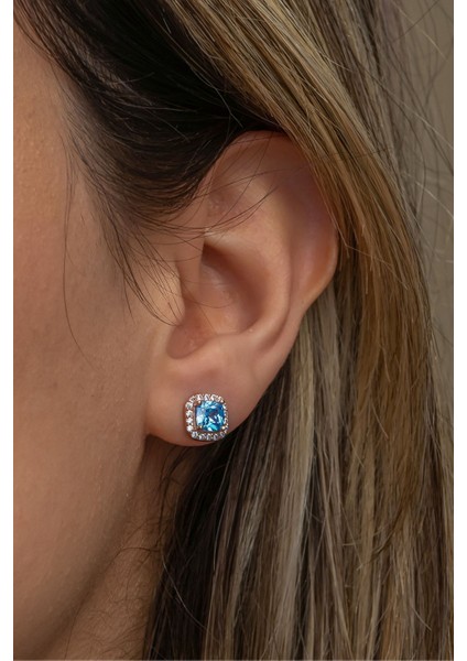 925 Ayar Gümüş Rose Kaplama Mavi Zirkon Taşlı Kare Tasarım Küpe modelleri