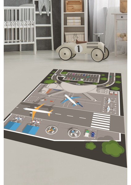 Havalimanı Uçak Temalı Eğitici Eğkendirici Çocuk Odası Oyun Halısı, Çocuk-50-Antrasit, fiyatları