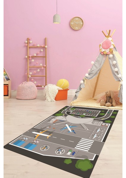 Havalimanı Uçak Temalı Eğitici Eğkendirici Çocuk Odası Oyun Halısı, Çocuk-50-Antrasit, modelleri
