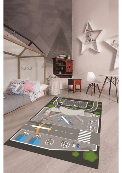 Havalimanı Uçak Temalı Eğitici Eğkendirici Çocuk Odası Oyun Halısı, Çocuk-50-Antrasit, indirimleri