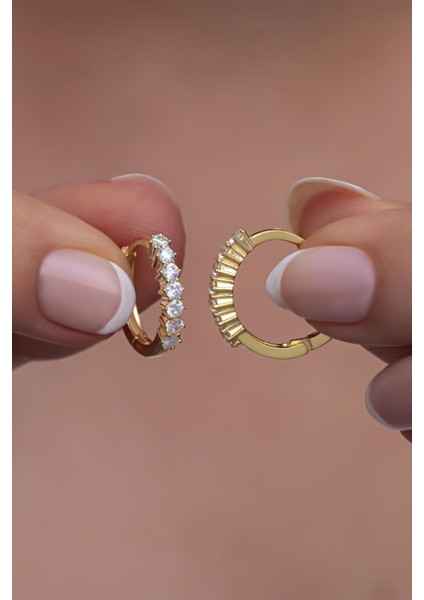 925 Ayar Gümüş Gold 15 mm Zirkon Taşlı Halka Küpe