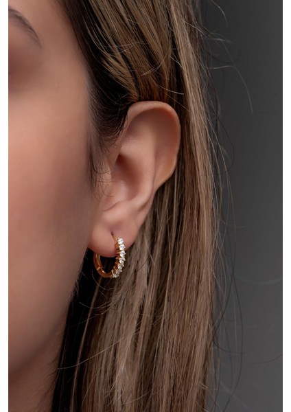 925 Ayar Gümüş Gold 15 mm Zirkon Taşlı Halka Küpe modelleri