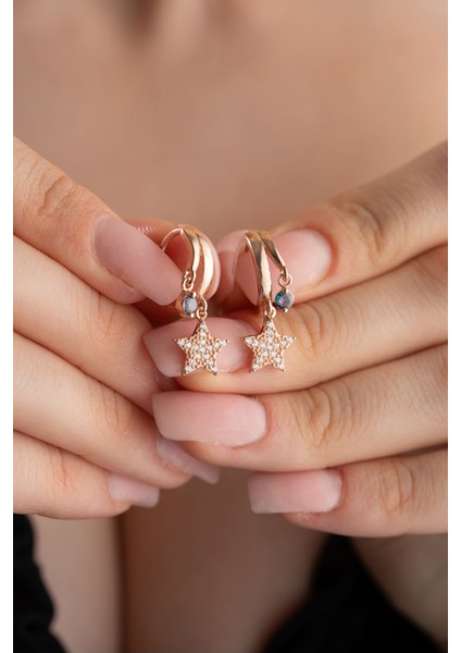 925 Ayar Gümüş Rose Mistik Topaz Taşlı 12 mm Yıldız Küpe