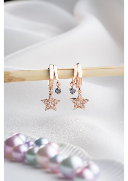 925 Ayar Gümüş Rose Mistik Topaz Taşlı 12 mm Yıldız Küpe fiyatları