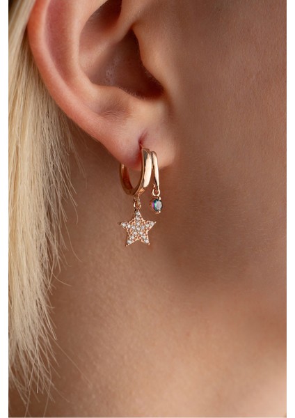 925 Ayar Gümüş Rose Mistik Topaz Taşlı 12 mm Yıldız Küpe modelleri