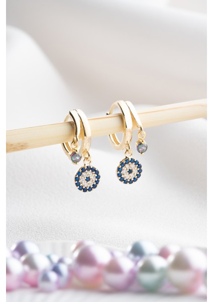 925 Ayar Gümüş Gold Mistik Topaz Taşlı 12 mm Nazar Küpe