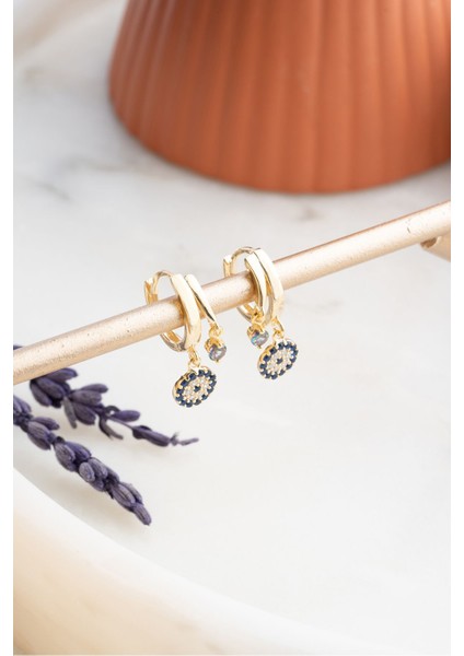 925 Ayar Gümüş Gold Mistik Topaz Taşlı 12 mm Nazar Küpe modelleri