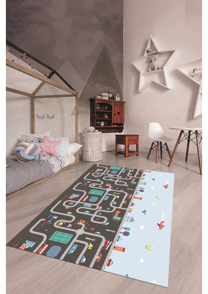 Dijital Baskılı Kaymaz Yıkanabilir Şehir Trafik Temalı Çocuk Odası Oyun Halısı, Çocuk-19-Antrasit, fiyatları