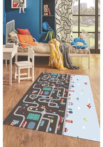 Dijital Baskılı Kaymaz Yıkanabilir Şehir Trafik Temalı Çocuk Odası Oyun Halısı, Çocuk-19-Antrasit, modelleri