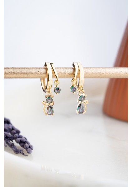 925 Ayar Gümüş Gold Mistik Topaz Taşlı 12 mm Kedi Küpe
