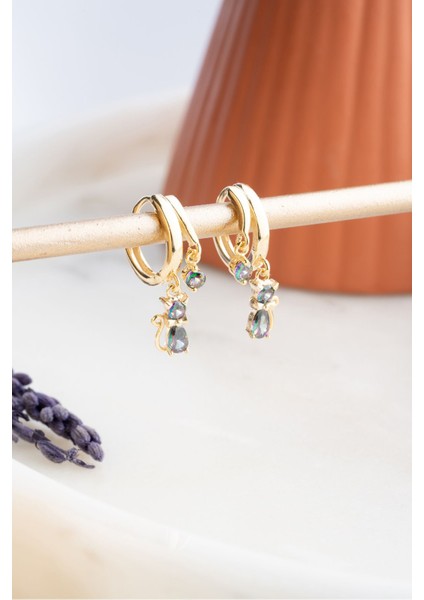 925 Ayar Gümüş Gold Mistik Topaz Taşlı 12 mm Kedi Küpe