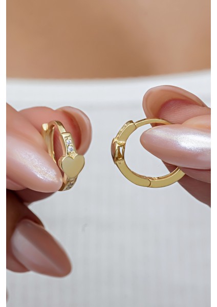 925 Ayar Gümüş Gold Kaplama Kalp Detaylı 15 mm Halka Küpe