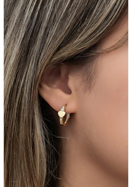 925 Ayar Gümüş Gold Kaplama Kalp Detaylı 15 mm Halka Küpe modelleri