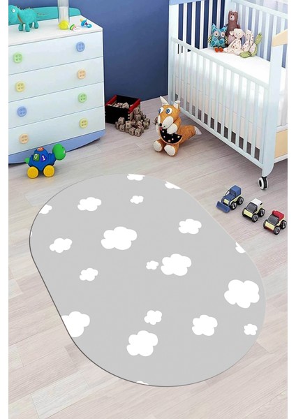 Dijital Baskılı Kaymaz Yıkanabilir Bulut Desenli Oval Çocuk Odası Halısı, O-Çocuk-08-Gri,